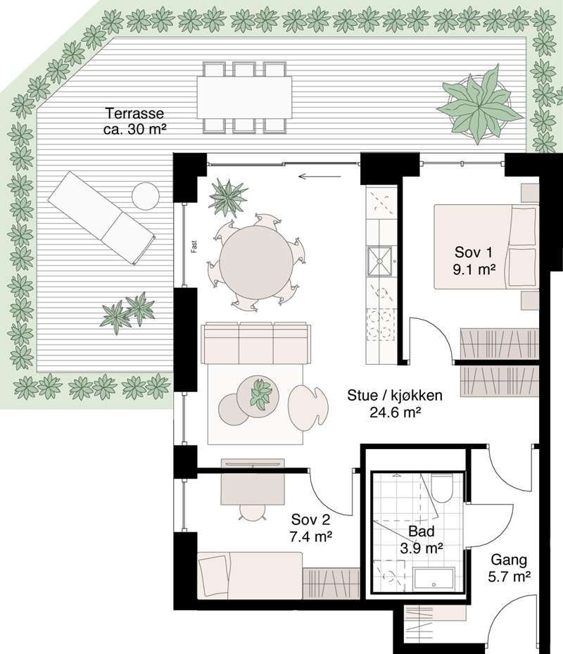 Standard planløsning 3-roms